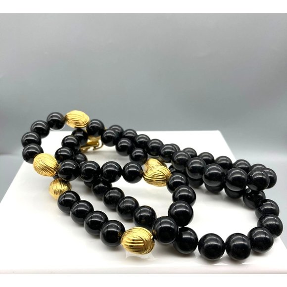 Vintage Black Lucite Necklace with Textured Gold Tone Bead Spacers, Chic Classic - Picture 2 of 4